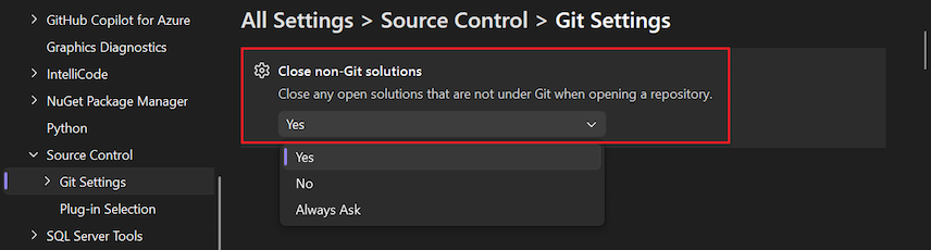 Screenshot of the 'Close non-Git solutions' option in the Options pane.