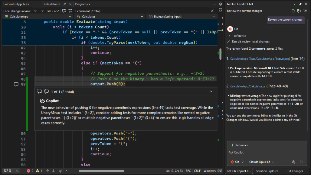 Screenshot showing an inline code review comment from the Git agent in the editor.