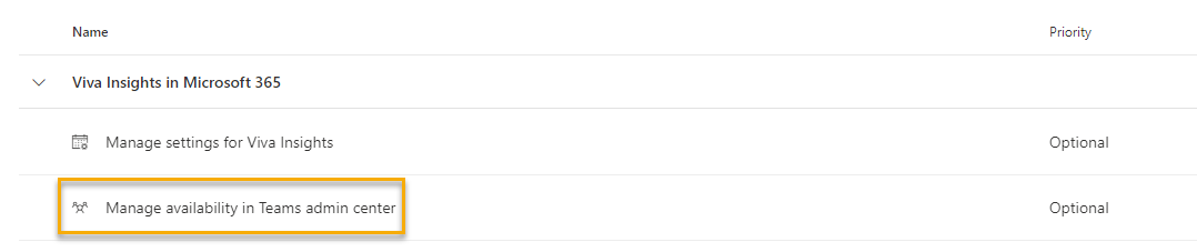 Screenshot that shows Manage availability in Teams admin center in the Viva Insights admin page.
