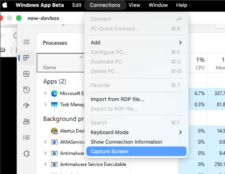 Screenshot of the Windows App Connections menu with the Capture Screen option.