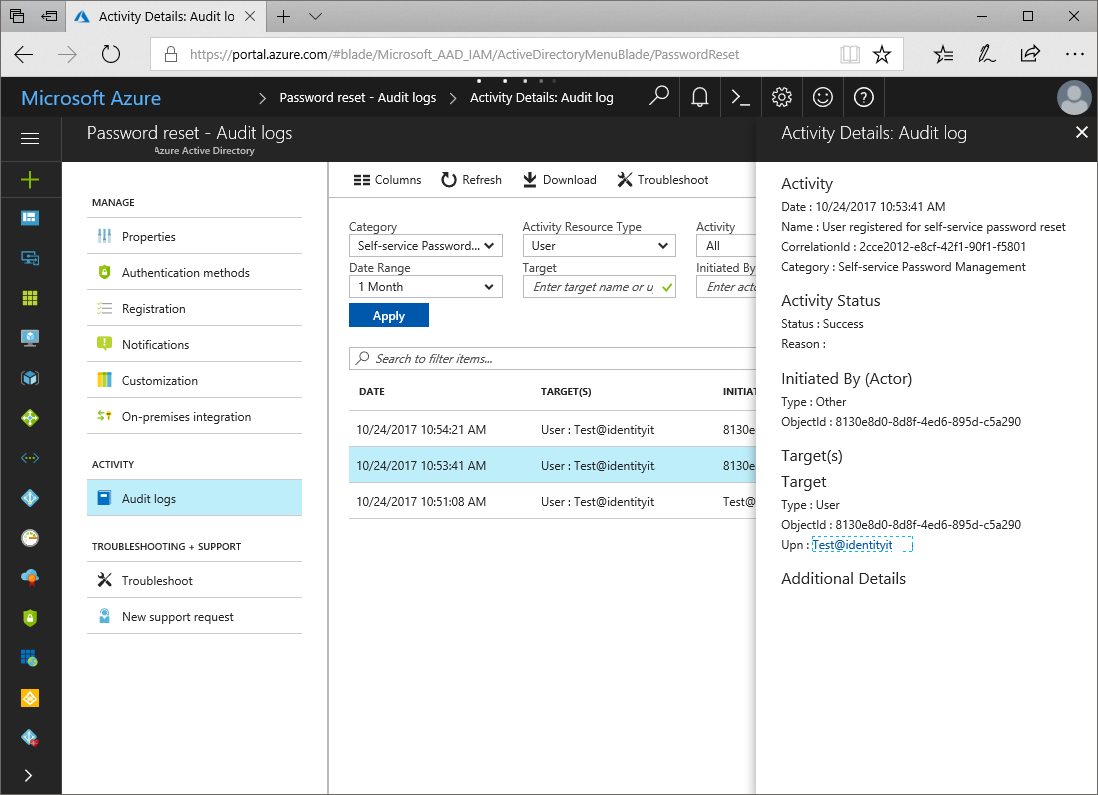 Reporting on SSPR using the audit logs in Azure AD