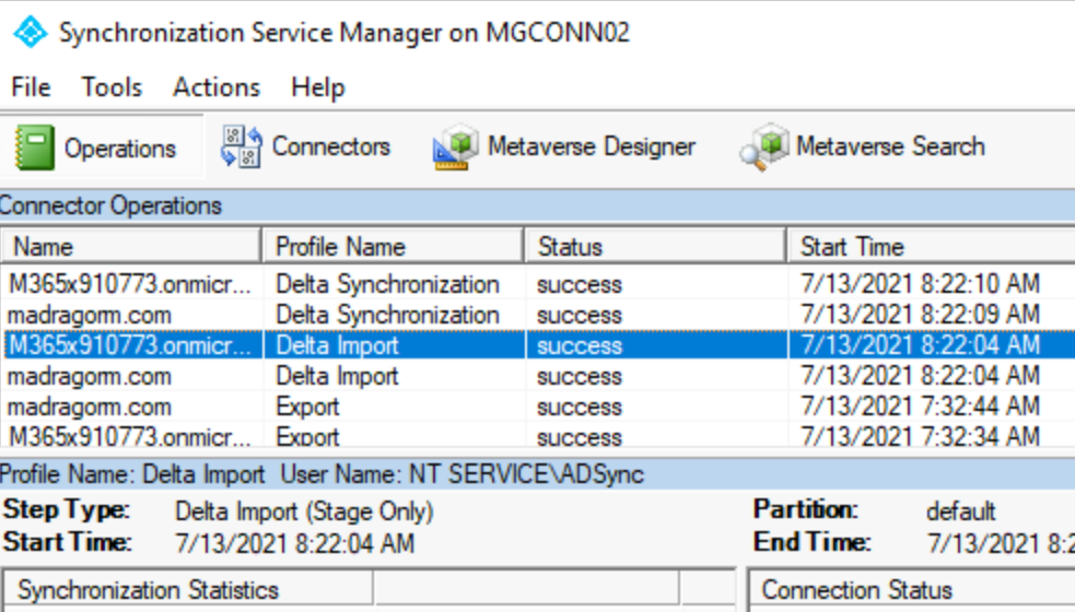Screenshot shows Sync Service console on the Active Azure AD Connect dialog box.