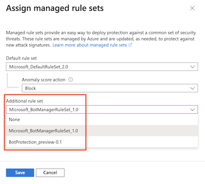 Screenshot of the Azure portal showing the managed rules assignment page, with the 'Additional rule set' drop-down field highlighted.