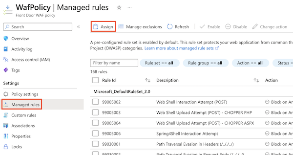 Screenshot of the Azure portal showing the WAF policy's managed rules configuration, and the Assign button highlighted.