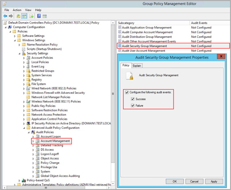 Screenshot of the Audit Security Group Management dialog.