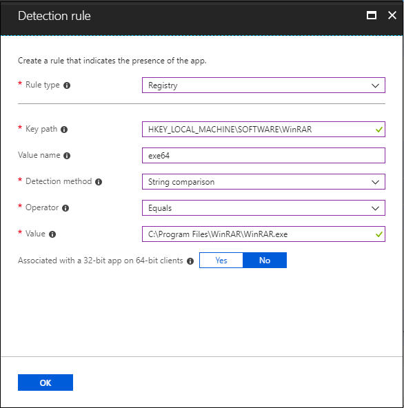 Screenshot of detection rule pane - registry value string equals.