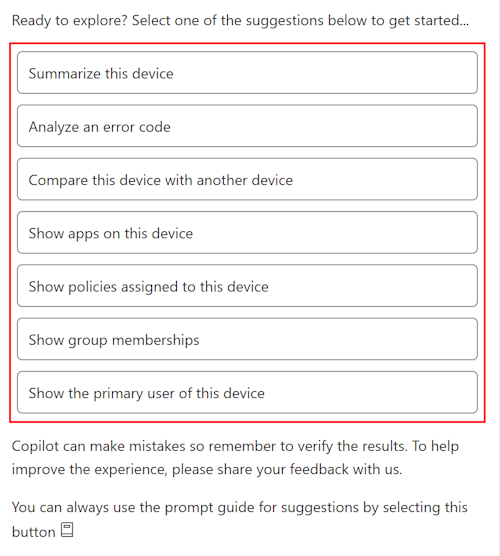 Screenshot that shows the Copilot sample prompts after you select any device in Microsoft Intune and Intune admin center.