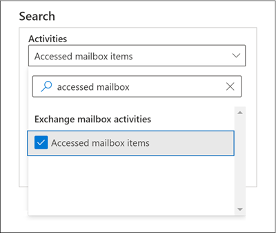Searching for MailItemsAccessed actions in the audit log search tool.