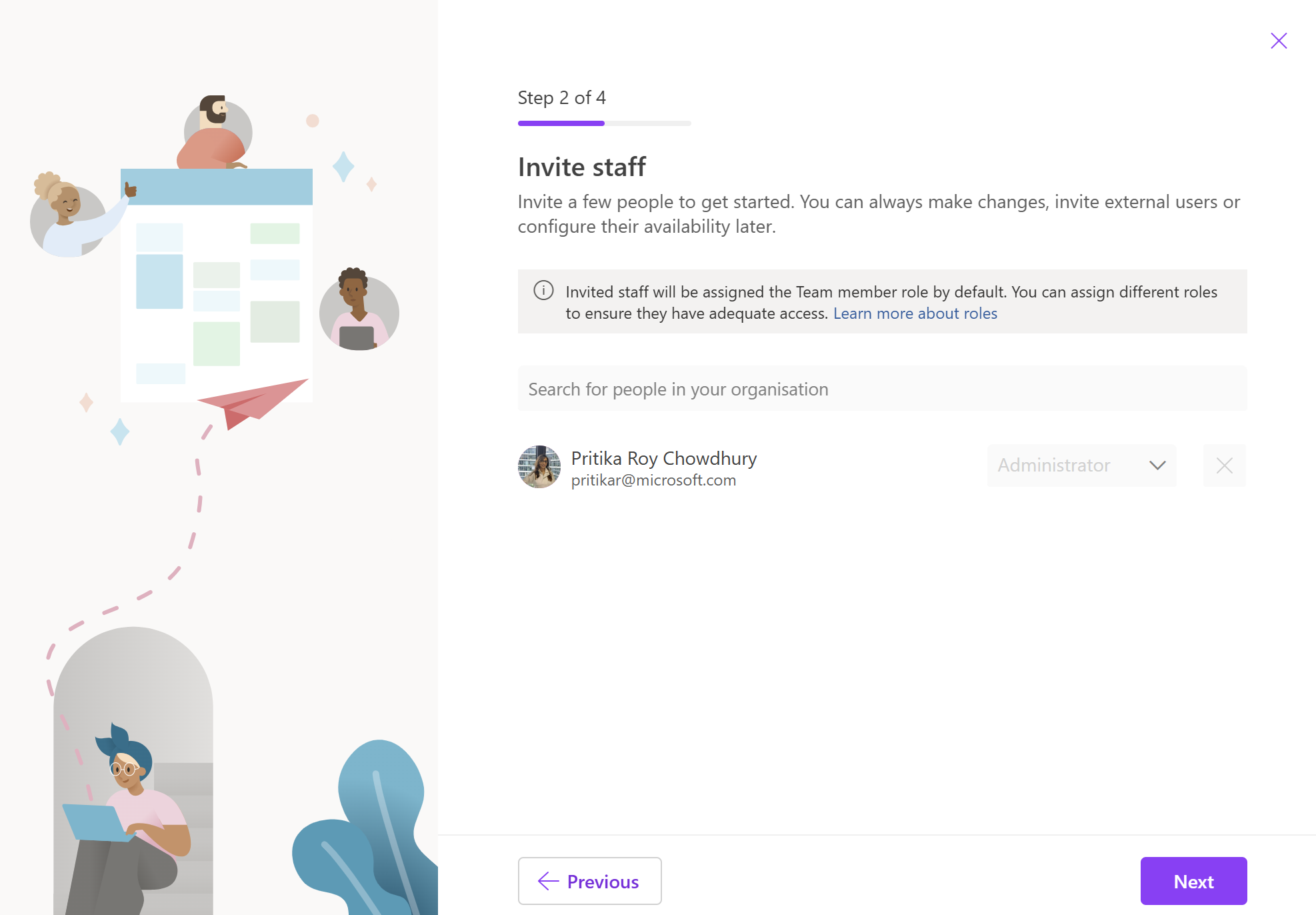 Screenshot showing step two out of four for creating a shared booking page in Microsoft Bookings