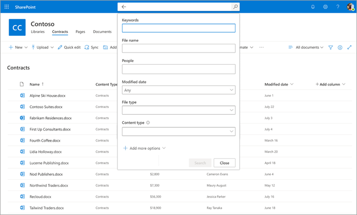 Screenshot of a document library page showing the content query pane.