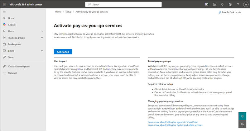 Screenshot of the Set up billing option in the Microsoft 365 admin center.