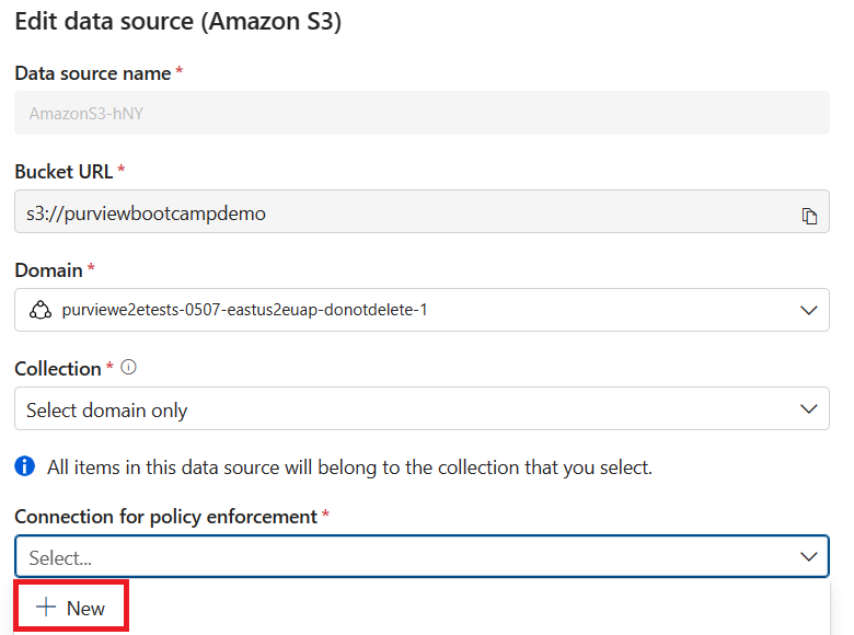 Screenshot of the Amazon edit data source page with the connection for policy enforcement selected, and the + New button highlighted.