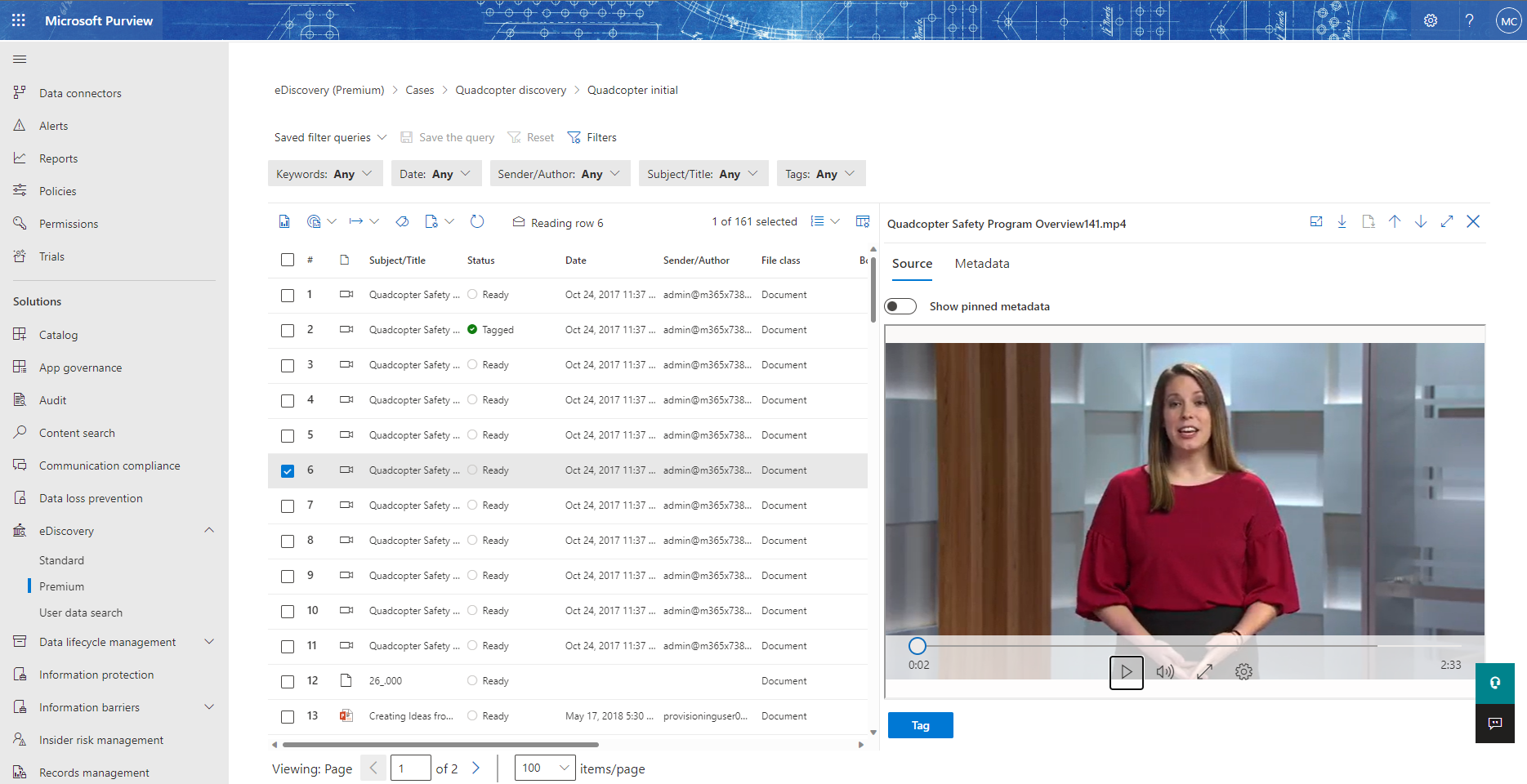 eDiscovery UI screenshot with ability to preview video found
