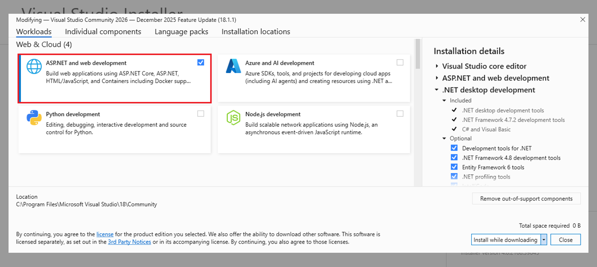 VS26 installer workloads