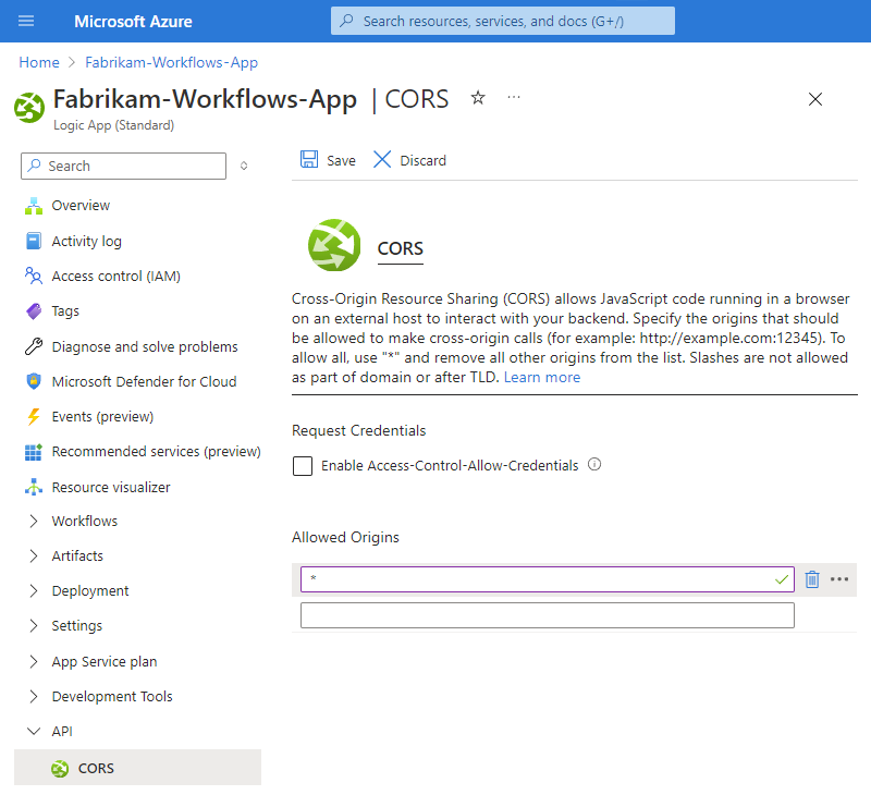 Screenshot shows Azure portal with deployed Standard logic app resource. On the resource menu, CORS is selected with a new entry for Allowed Origins set to the wildcard * character.