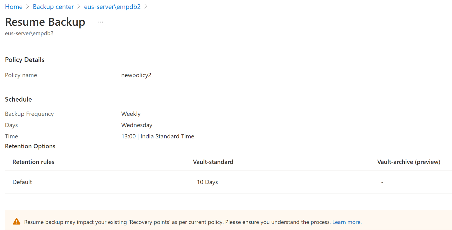 Screenshot that shows details for a resumed data backup.