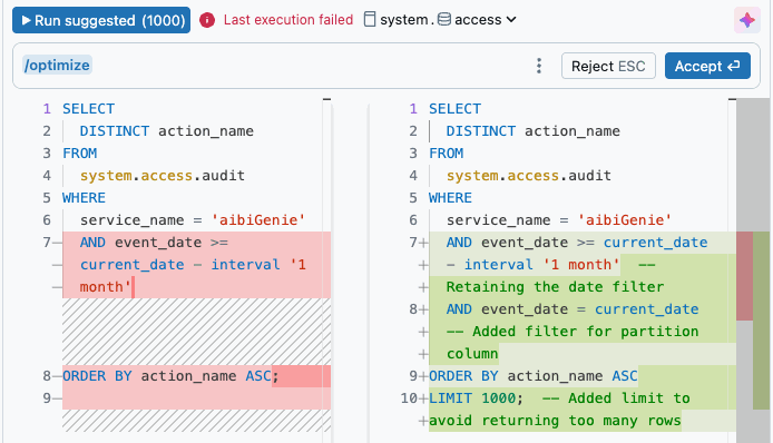 An optimized query generated using the /optimize command with Genie Code
