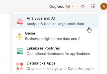 The app switcher showing the Lakehouse option updated to Analytics and AI.