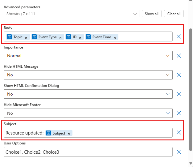 Screenshot shows the workflow designer with selected outputs to send in email when the virtual machine is updated.