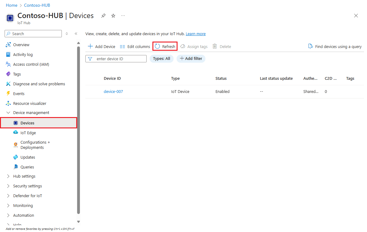 Screenshot that shows that the provisioned device is registered with the IoT hub.