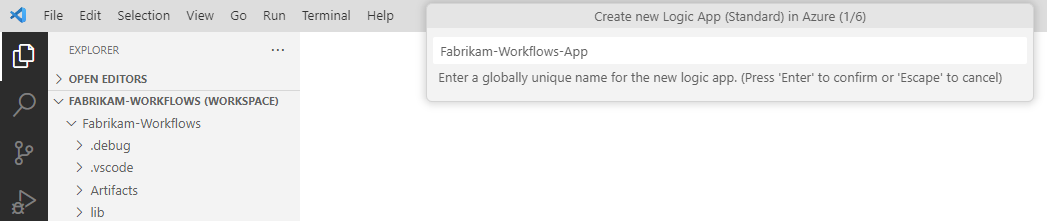 Screenshot shows prompt to enter a unique name for destination logic app.