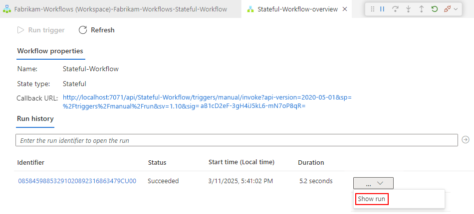 Screenshot shows workflow's run history row with selected ellipses button and Show Run.