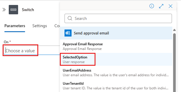 Screenshot shows the dynamic content list with the SelectedOption value highlighted.