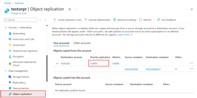 Screenshot showing how to locate the Enable Priority Replication option for existing replication rules.