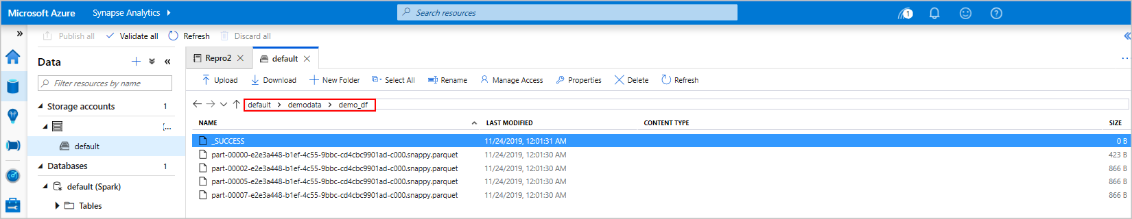 Storage explorer view of the output Screenshot that highlights default > demodata > demo_df path.