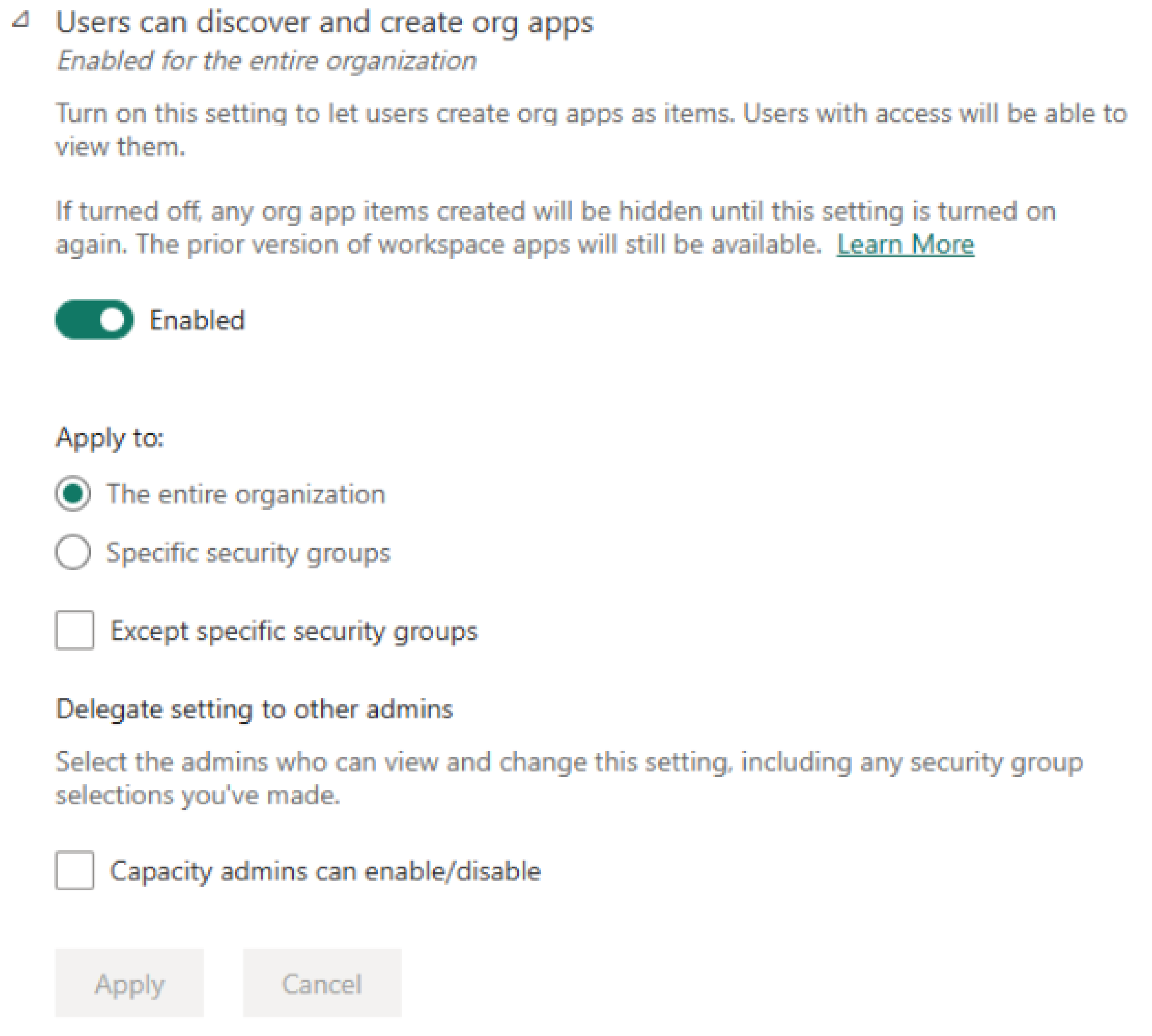 Screenshot of the tenant setting Users can discover and create org apps enabled, with apply-to options for the entire organization or specific security groups.