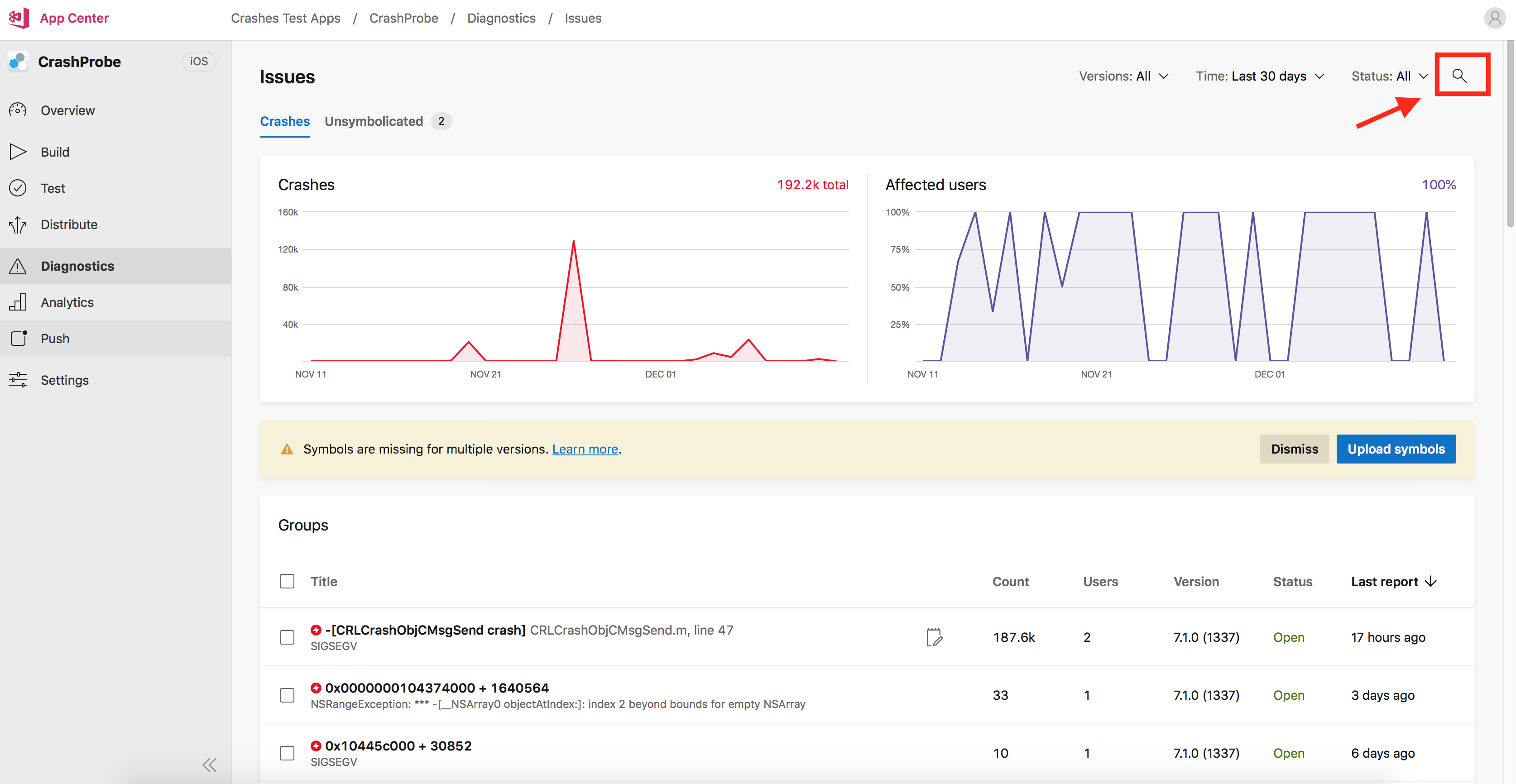 Search in Diagnostics - Visual Studio App Center | Microsoft Learn