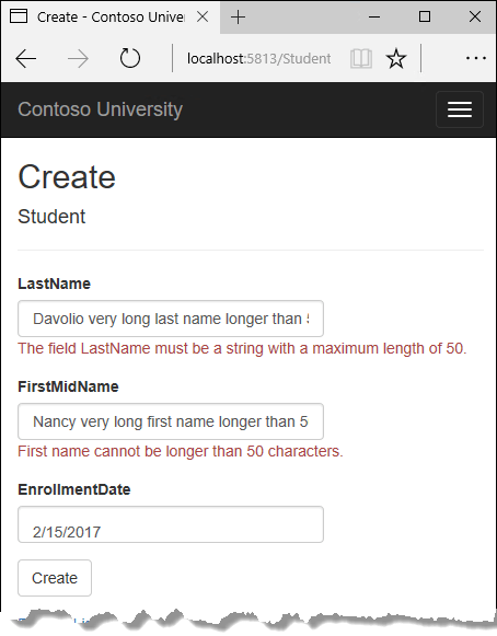 Students index page showing string length errors