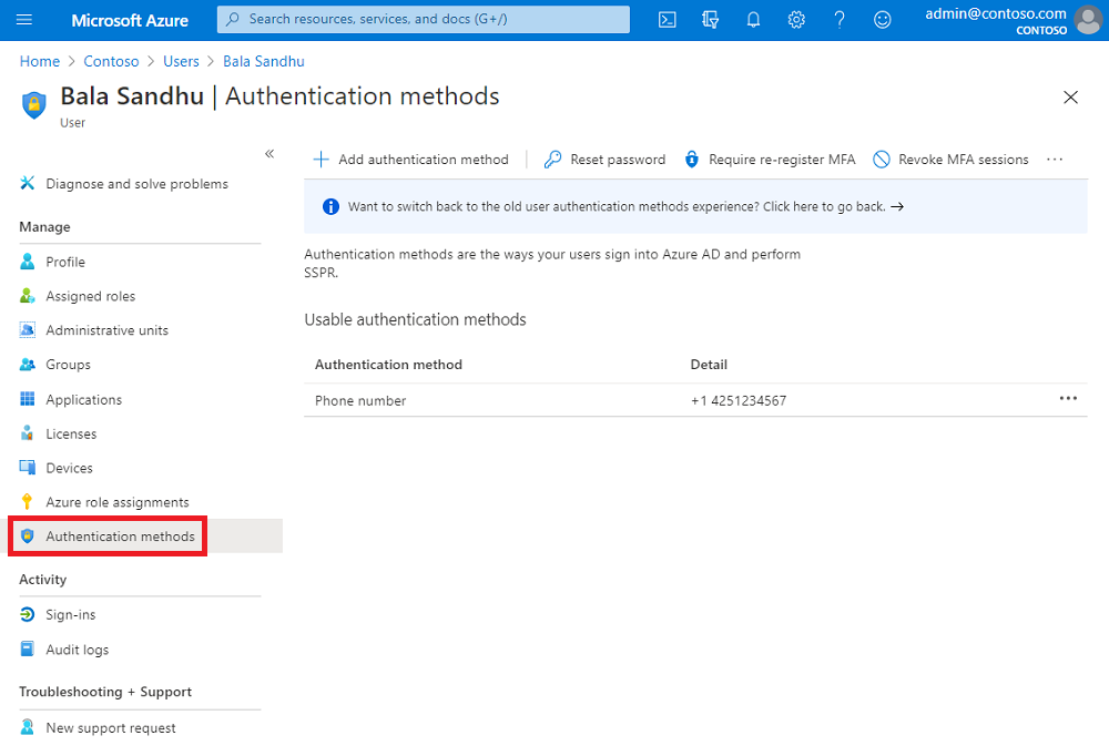 Screenshot of the Azure portal that shows authentication methods with a phone number populated