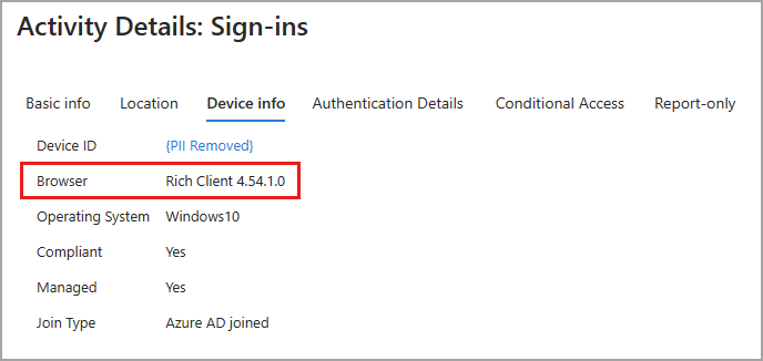 Screenshot of the sign-in activity details with a Rich Client browser example highlighted.