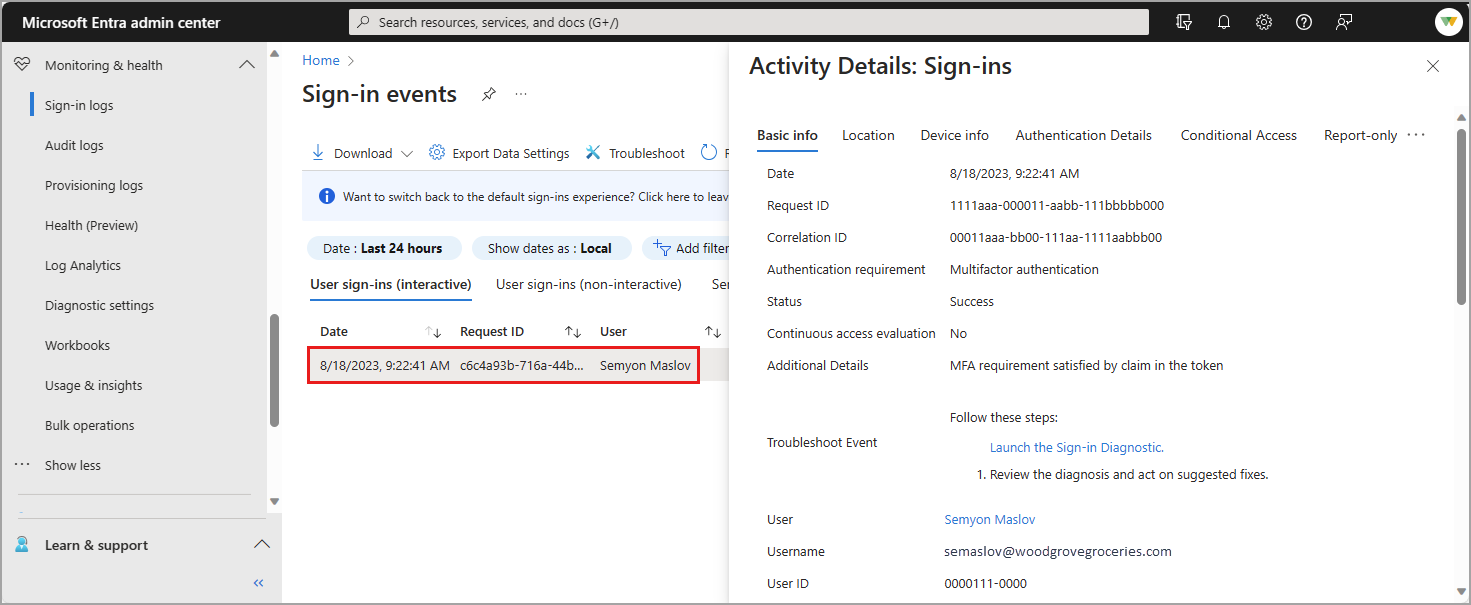Screenshot of the sign-in activity details.