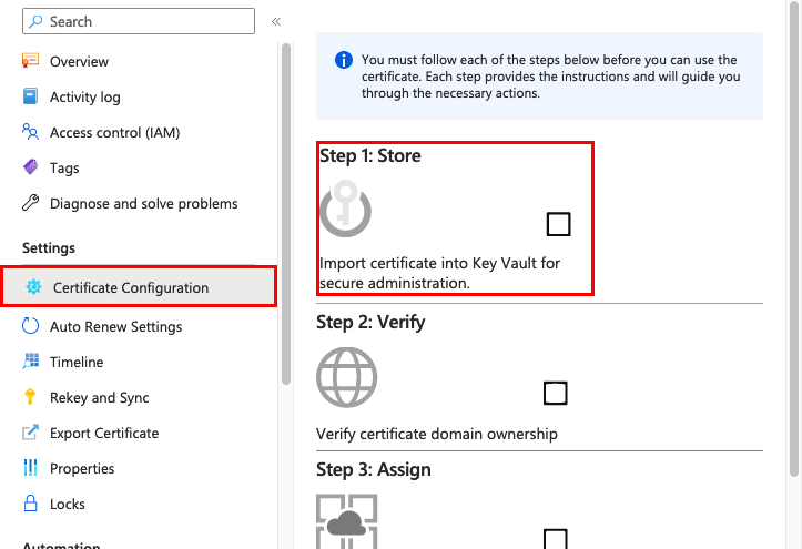 Screenshot of 'Certificate Configuration' pane with 'Step 1: Store' selected.