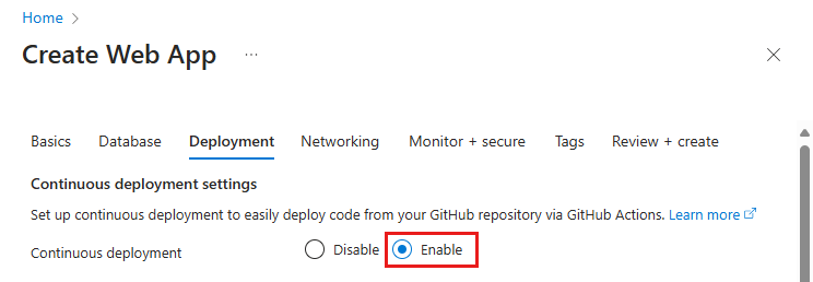 A screenshot showing how to enable GitHub Actions deployment in the App Service create wizard.