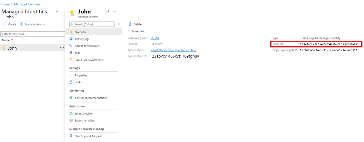 Screenshot of client id in Managed Identites.