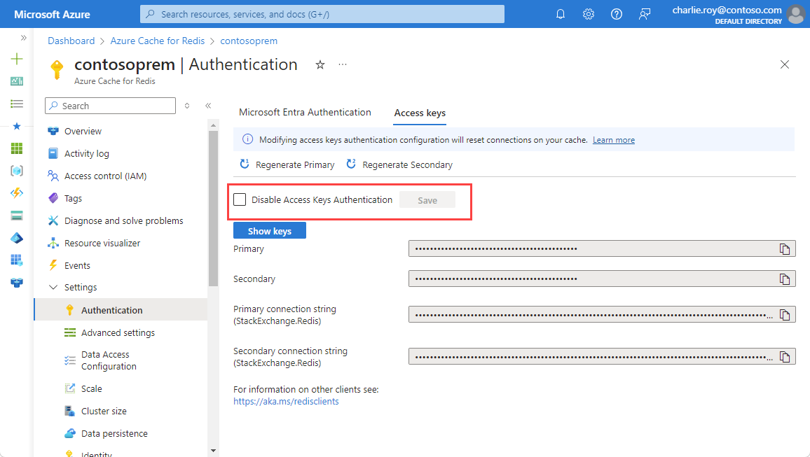 Screenshot showing access keys in the working pane with a red box around Disable Access Key Authentication. 