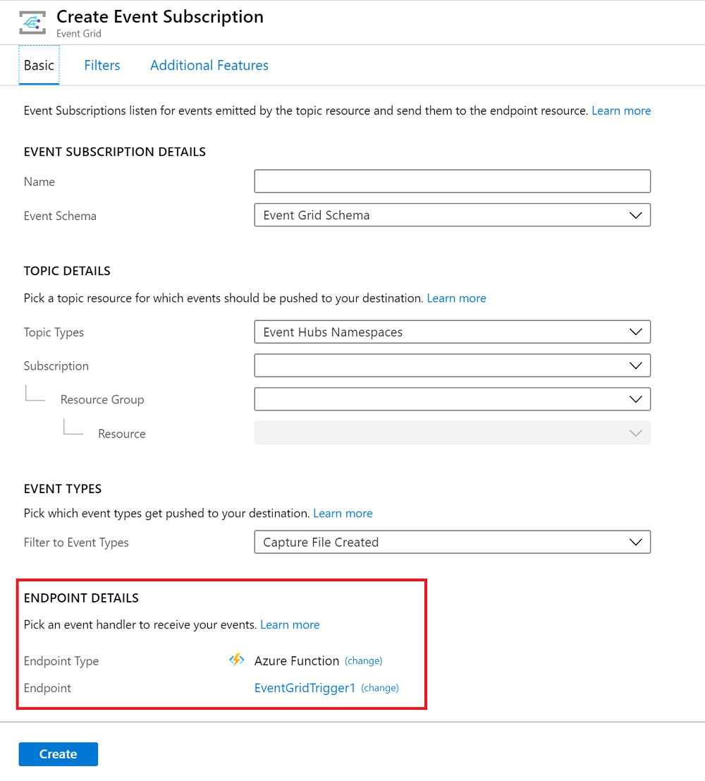 Screenshot of creating an event subscription with the function endpoint already defined.