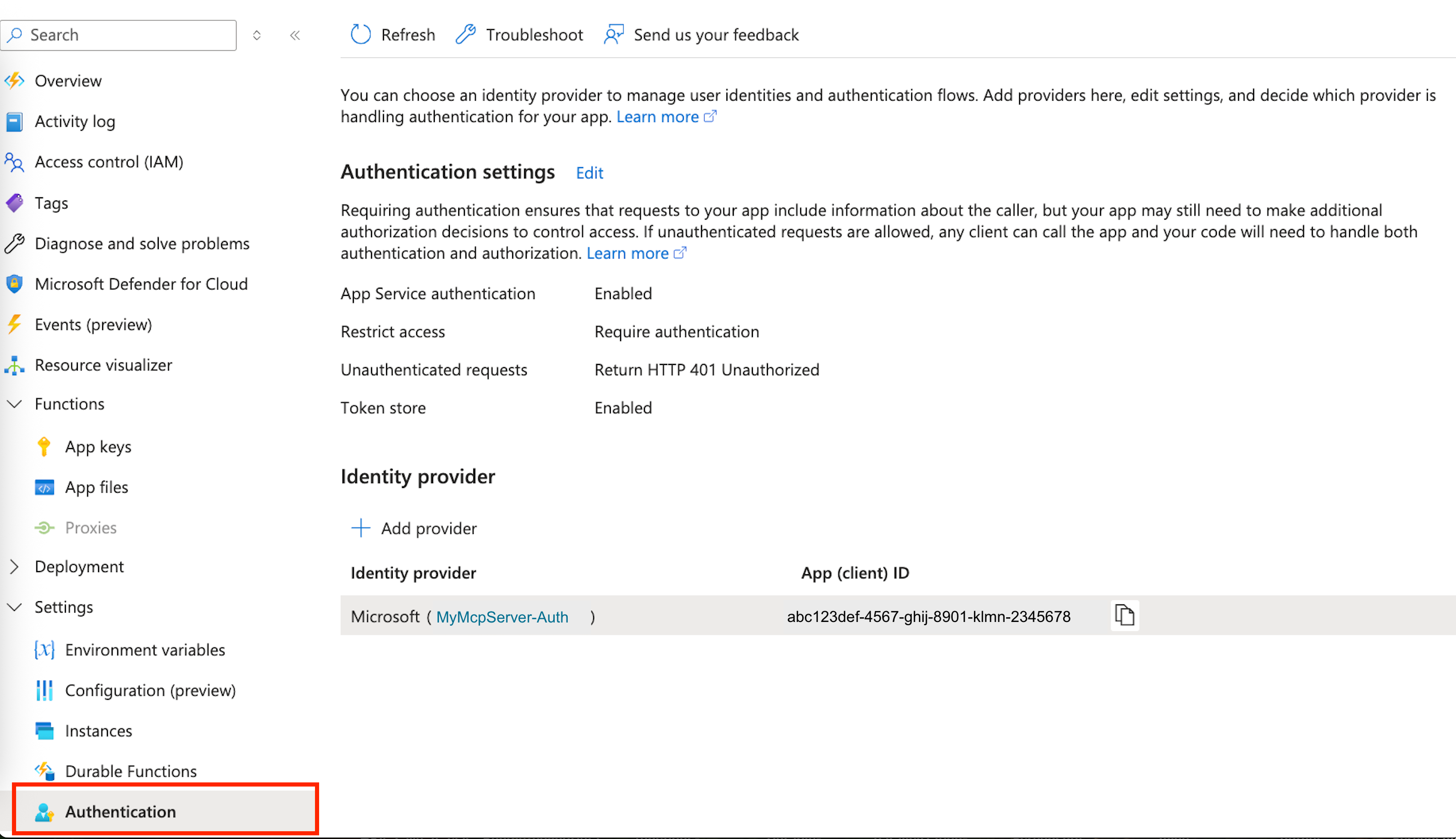 Screenshot of App Service authentication settings showing 'Require authentication' selected and 'HTTP 401 Unauthorized' set for unauthenticated requests.