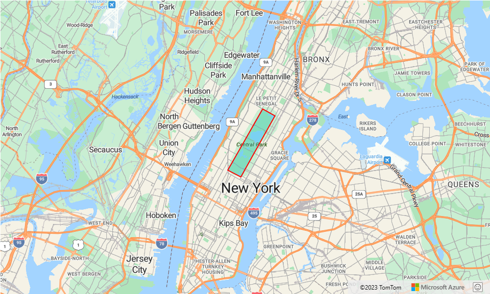 A screenshot of a map of New York City demonstrating a mostly transparent polygon layer covering all of Central Park, bordered with a red line.