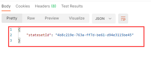 A screenshot of Postman showing the resource Stateset ID value in the responses body.