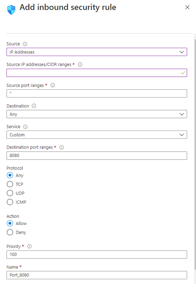 Screenshot that shows the Add inbound security rules tab with a source of IP addresses.