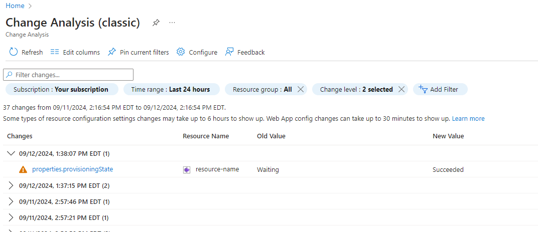 Screenshot of Change Analysis pane in Azure portal