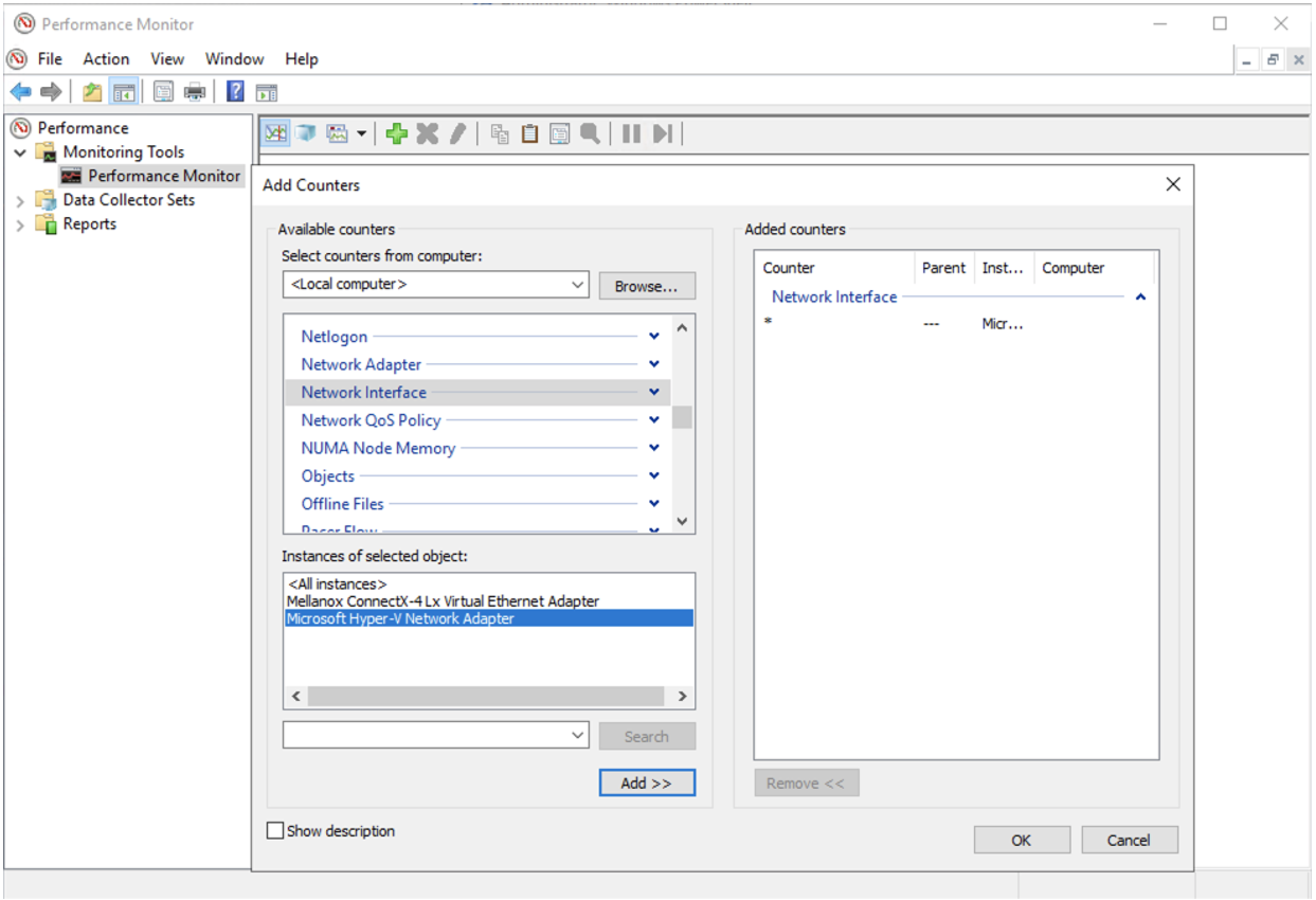 Screenshot that shows Performance Monitor Add Counter interface.