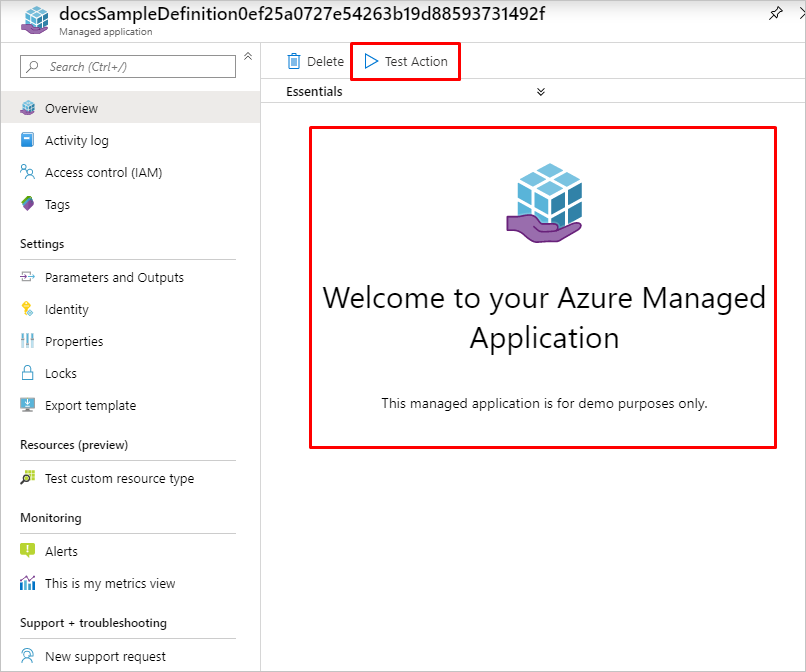 Screenshot shows the Overview for a managed application with a Test Action control to run a demo application.