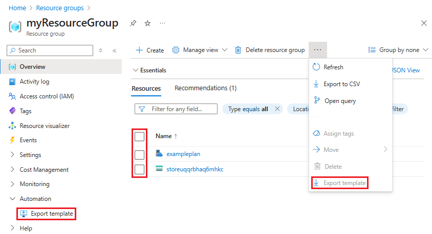 Screenshot of selecting all resources for export in Azure portal.