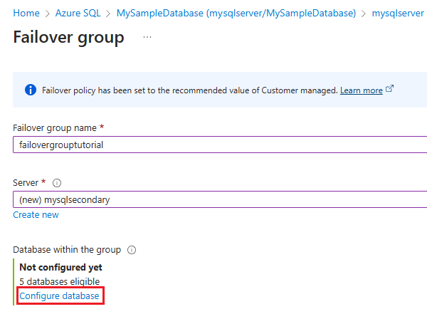 Screenshot of the failover group pane in the Azure portal.