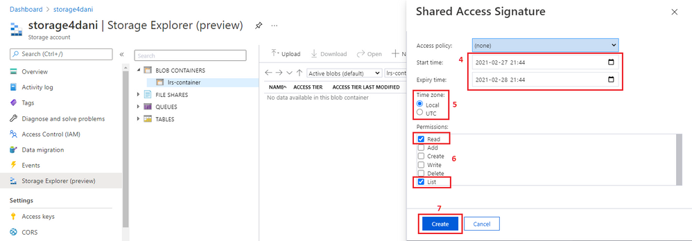 Screenshot that shows selections for SAS token expiration, time zone, and permissions, along with the Create button.